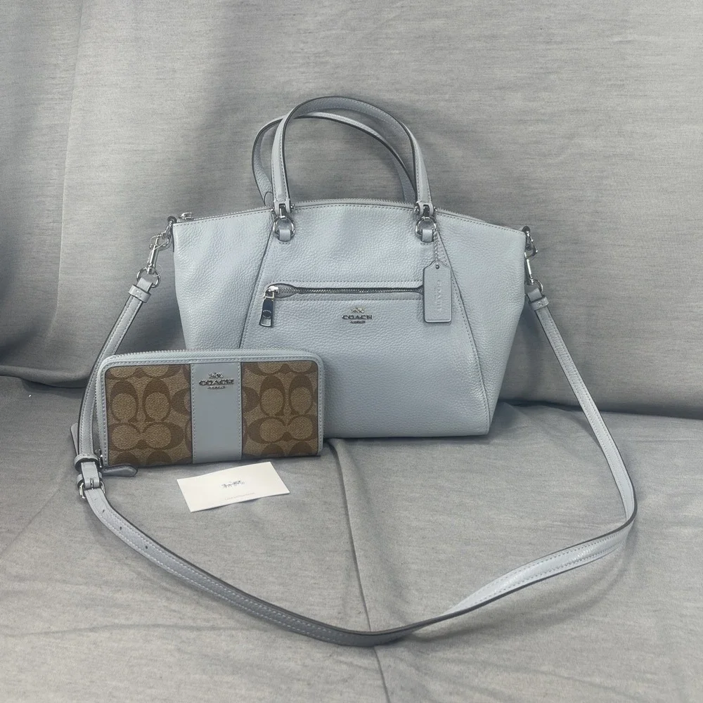 Coach Prairie Satchel Crossbody Pebble Leather Bag Pale Blue  Matching Wallet